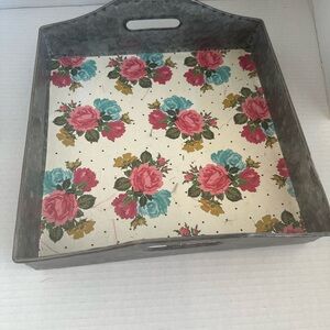 Farmhouse Metal and Floral Metal Decorative Tray with Handles